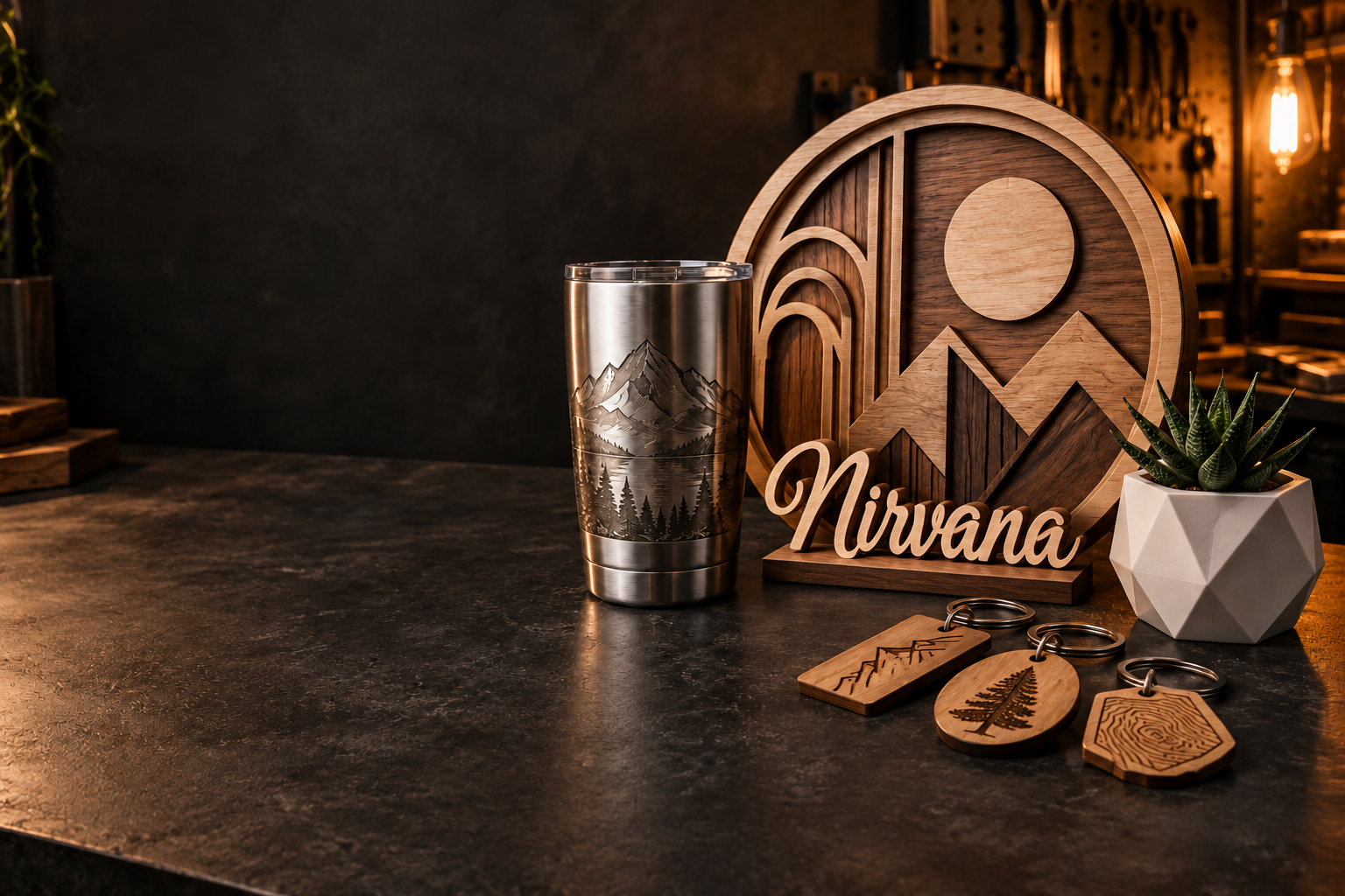 Productos personalizados de madera, metal e impresión 3D, con un letrero de Nirvana