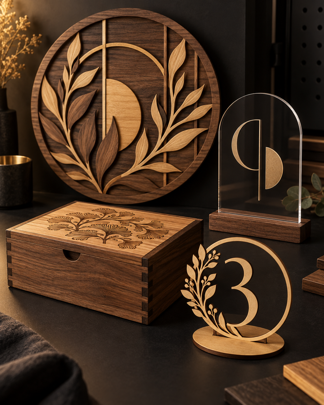 Productos de madera y acrílico cortados y grabados con láser