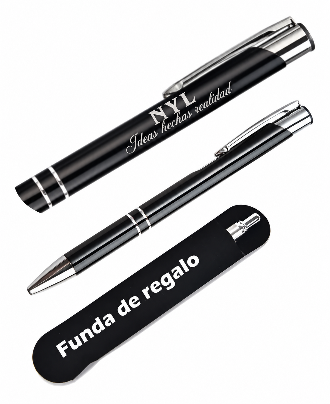 Pluma negra personalizada con NYL e Ideas hechas realidad, acompañada de funda de regalo